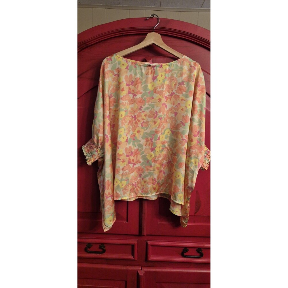 ODDY L Pastel Floral Poncho Blouse Smocked Cuffs Chiffon Boho Kaftan Top